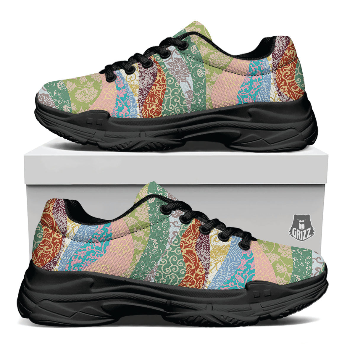 Pastel Japanese Fabric Traditional Print Pattern Black Chunky Shoes-grizzshop