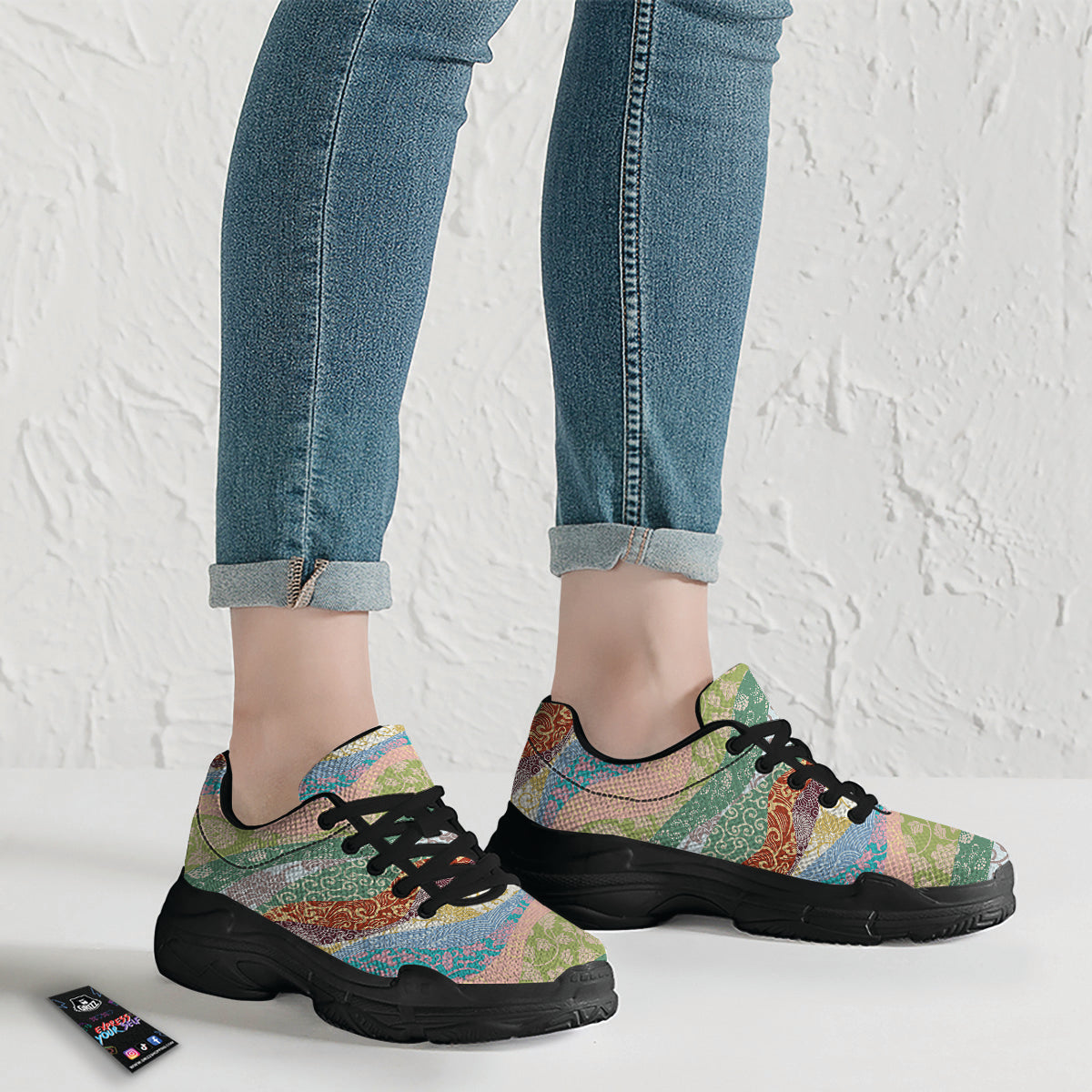 Pastel Japanese Fabric Traditional Print Pattern Black Chunky Shoes-grizzshop