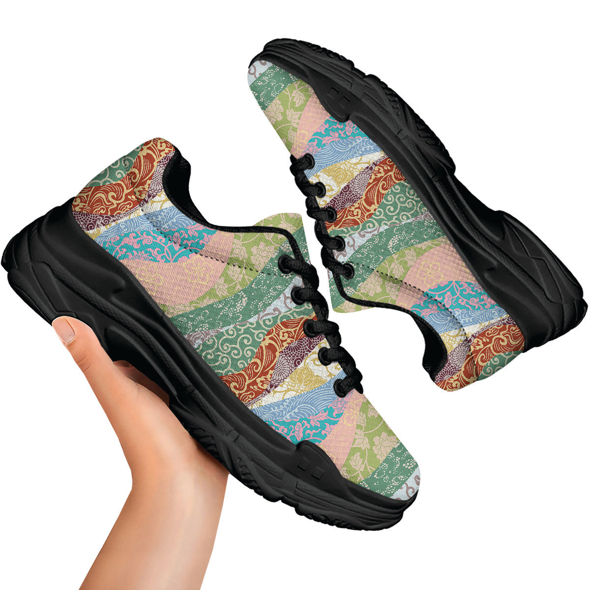 Pastel Japanese Fabric Traditional Print Pattern Black Chunky Shoes-grizzshop