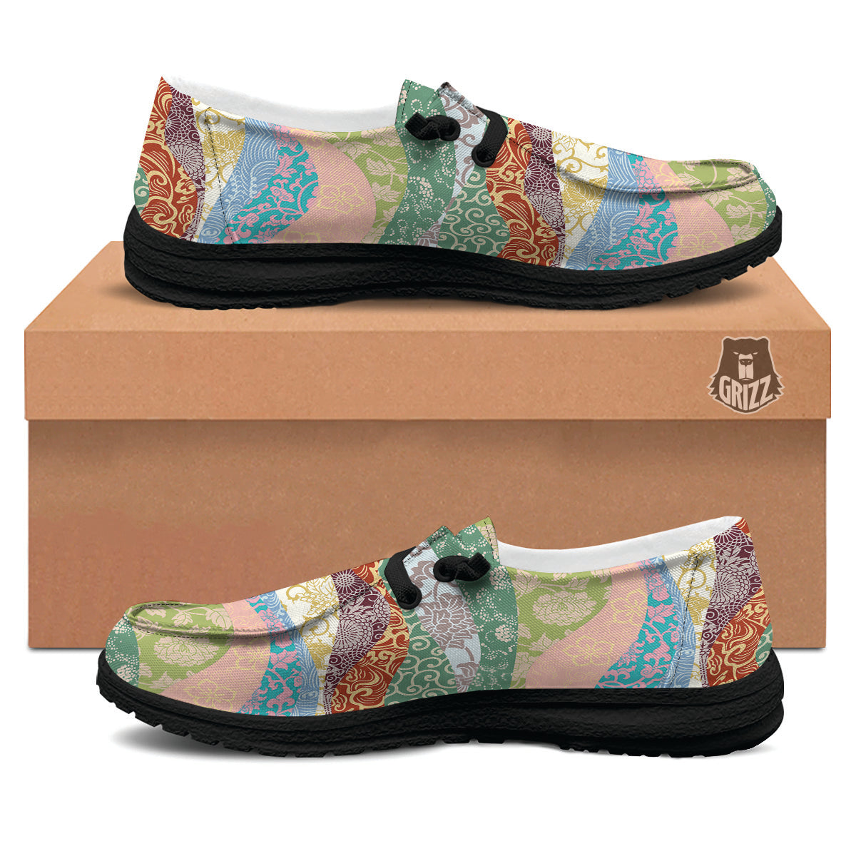 Pastel Japanese Fabric Traditional Print Pattern Black Loafers-grizzshop