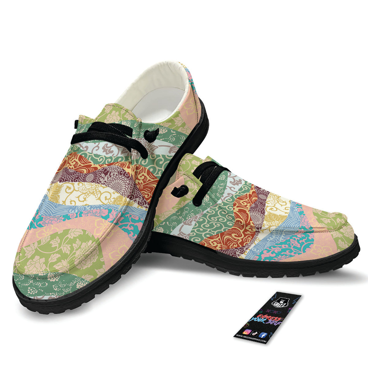 Pastel Japanese Fabric Traditional Print Pattern Black Loafers-grizzshop