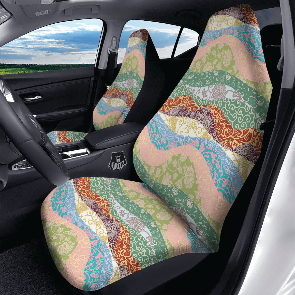 Pastel Japanese Fabric Traditional Print Pattern Car Seat Covers-grizzshop