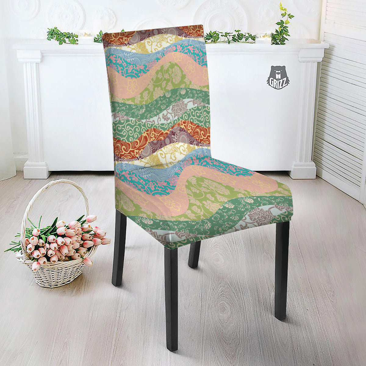 Pastel Japanese Fabric Traditional Print Pattern Dining Chair Slipcover-grizzshop