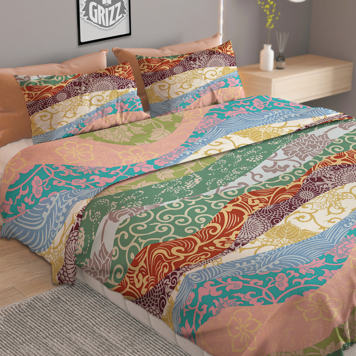 Pastel Japanese Fabric Traditional Print Pattern Duvet Cover Bedding Set