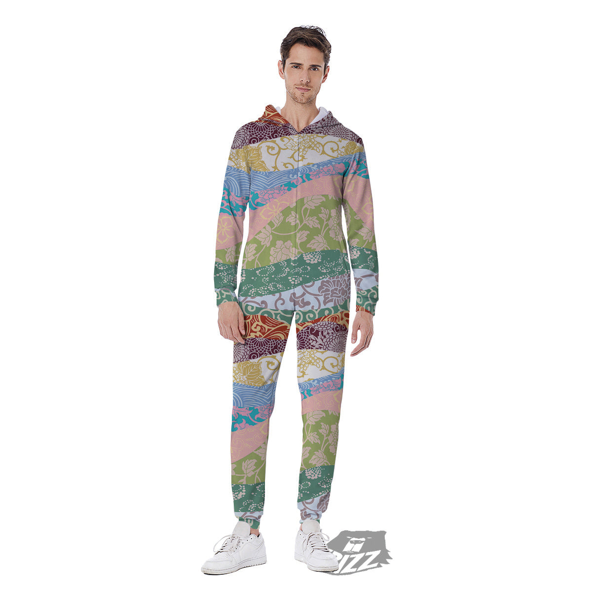 Pastel Japanese Fabric Traditional Print Pattern Men's Jumpsuit-grizzshop