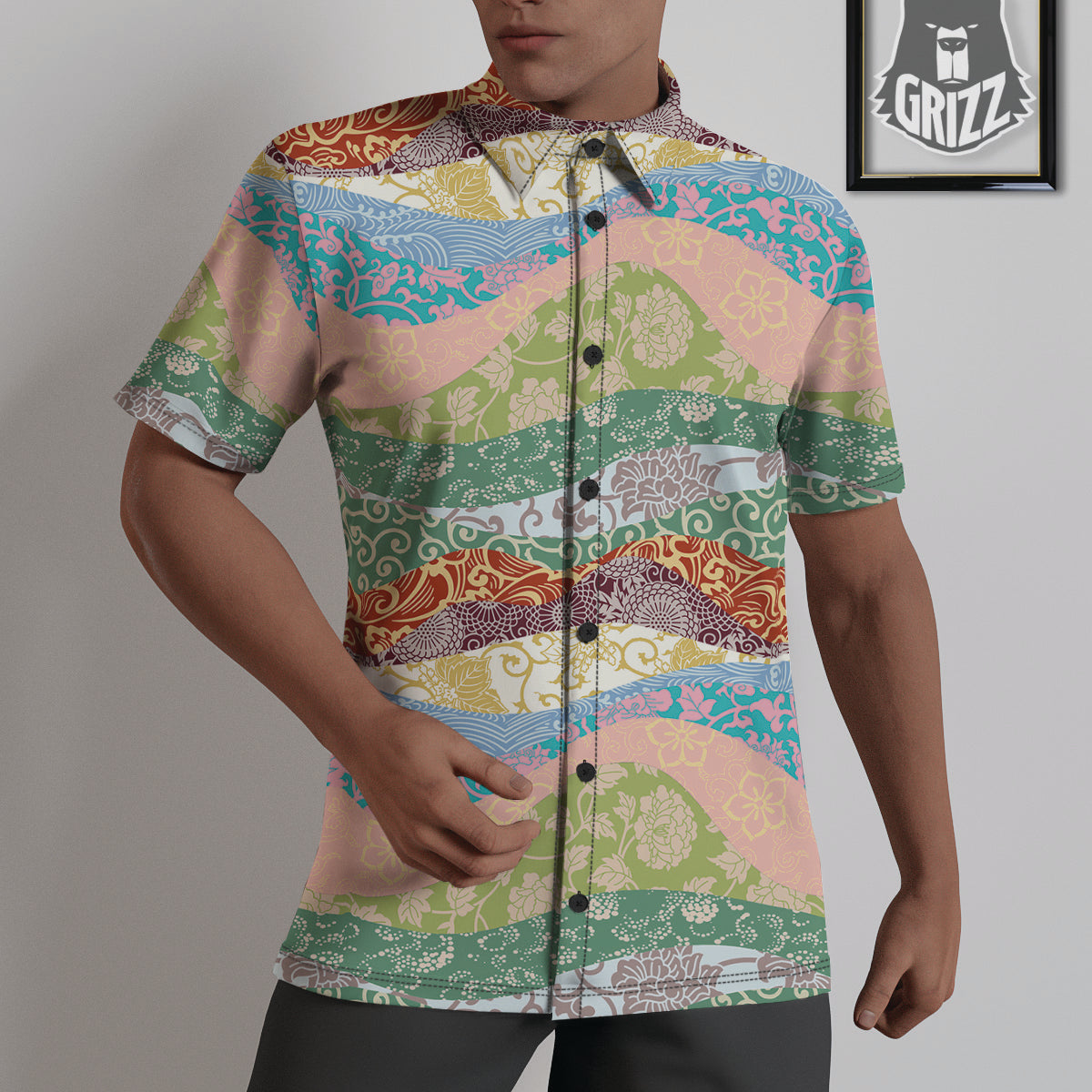 Pastel Japanese Fabric Traditional Print Pattern Untucked Shirts-grizzshop