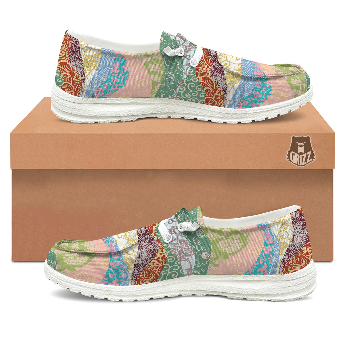 Pastel Japanese Fabric Traditional Print Pattern White Loafers-grizzshop