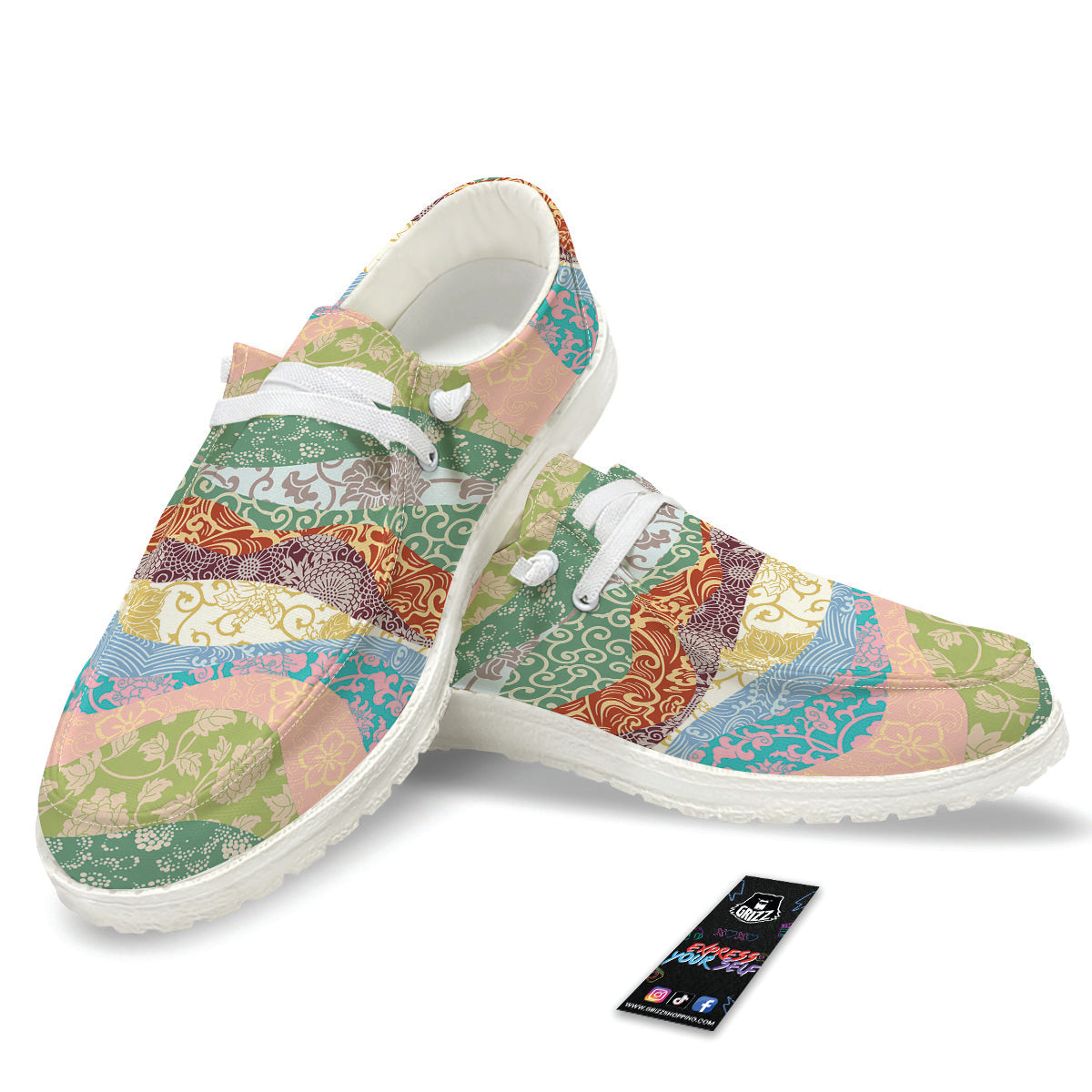 Pastel Japanese Fabric Traditional Print Pattern White Loafers-grizzshop