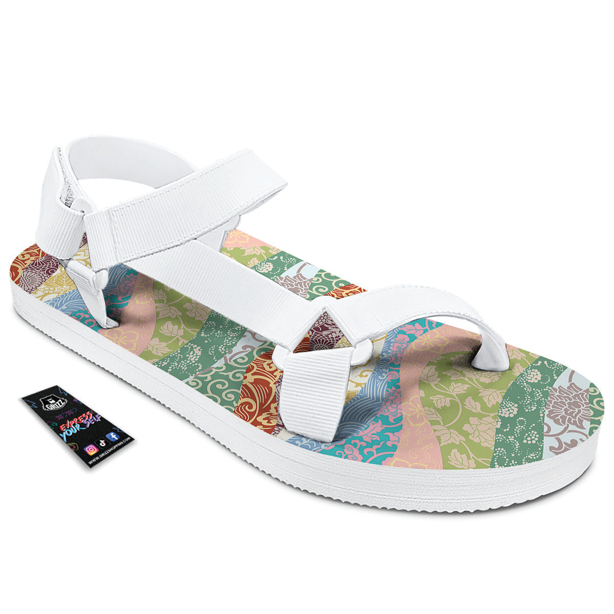 Pastel Japanese Fabric Traditional Print Pattern White Open Toe Sandals-grizzshop
