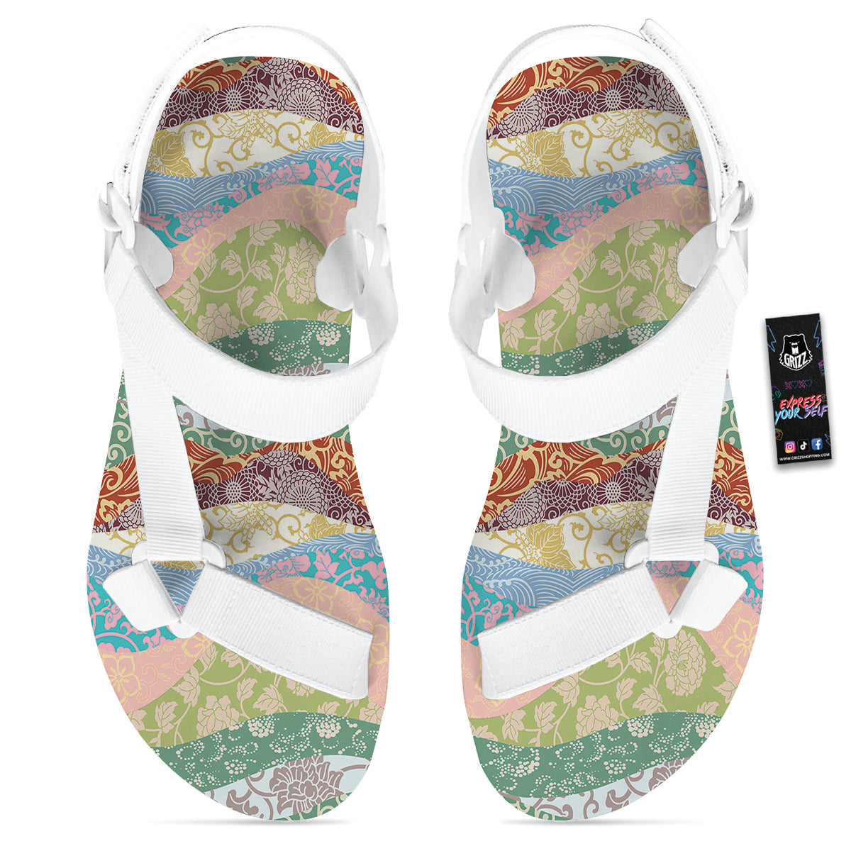 Pastel Japanese Fabric Traditional Print Pattern White Open Toe Sandals-grizzshop