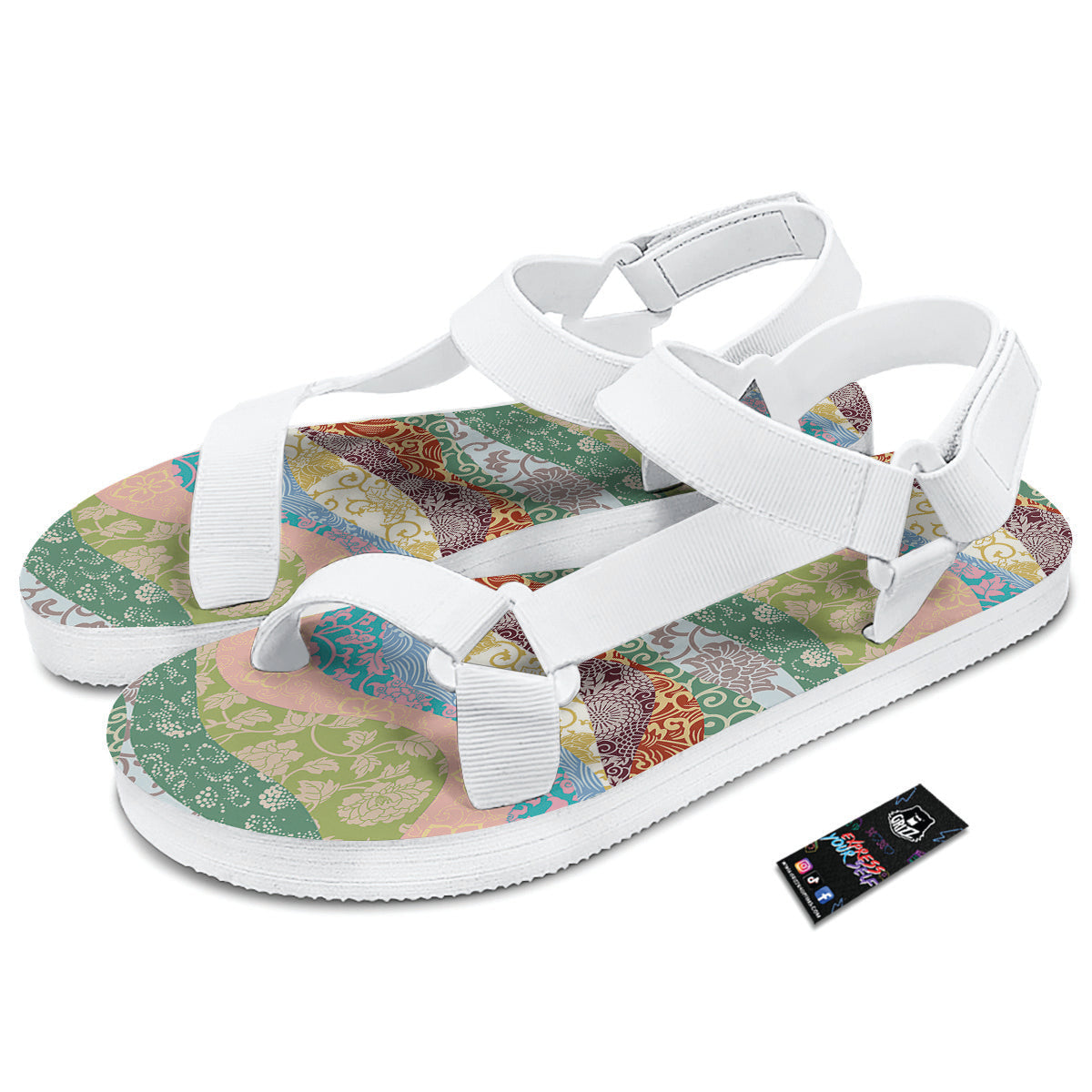 Pastel Japanese Fabric Traditional Print Pattern White Open Toe Sandals-grizzshop