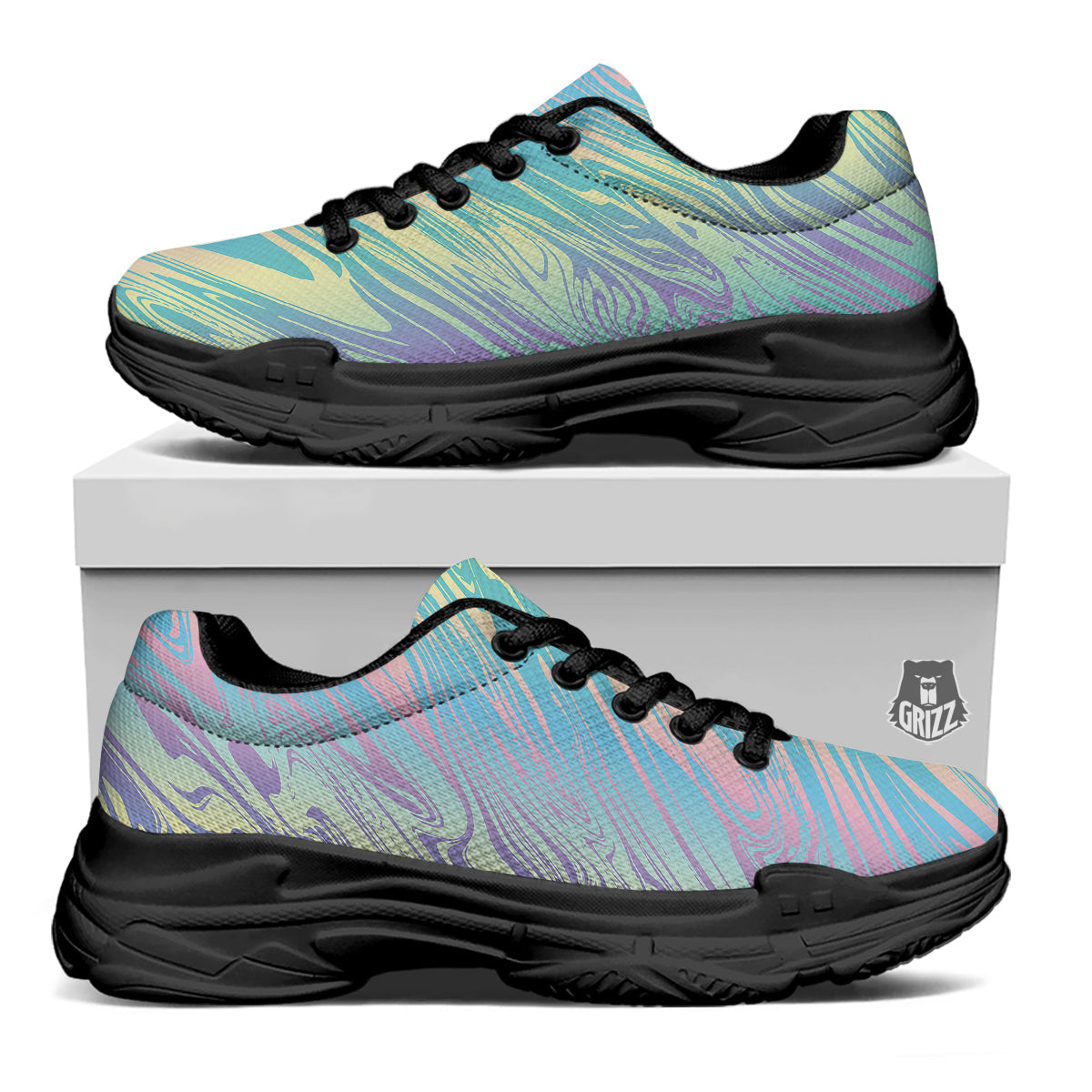 Pastel Liquid Marble Holographic Print Black Chunky Shoes-grizzshop