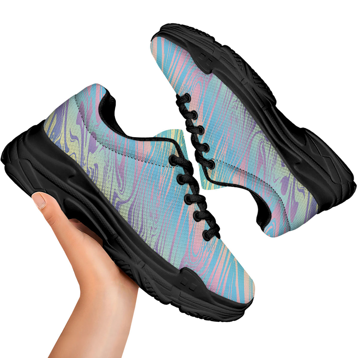 Pastel Liquid Marble Holographic Print Black Chunky Shoes-grizzshop