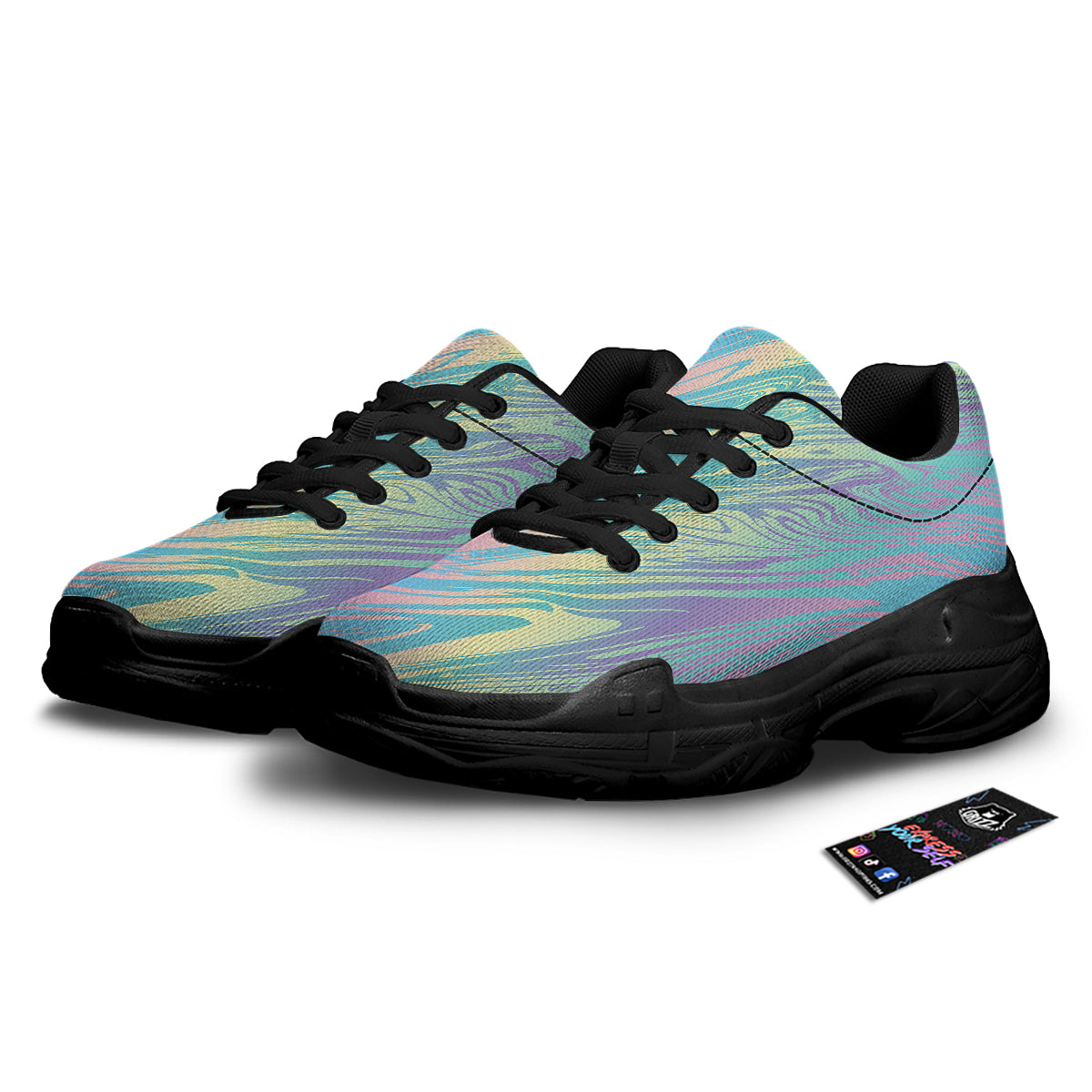 Pastel Liquid Marble Holographic Print Black Chunky Shoes-grizzshop
