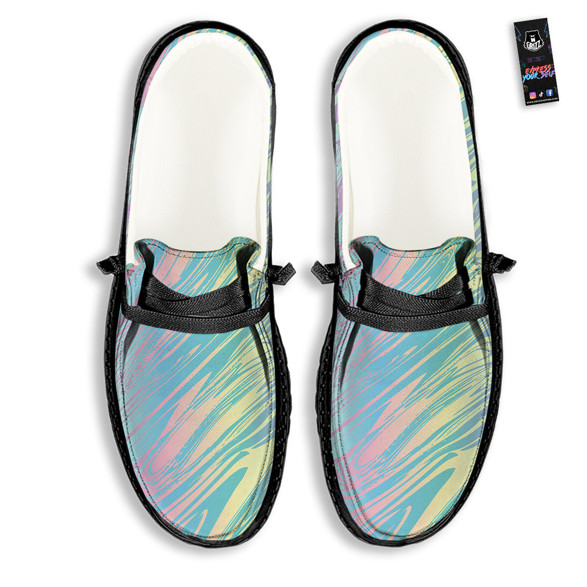 Pastel Liquid Marble Holographic Print Black Loafers-grizzshop