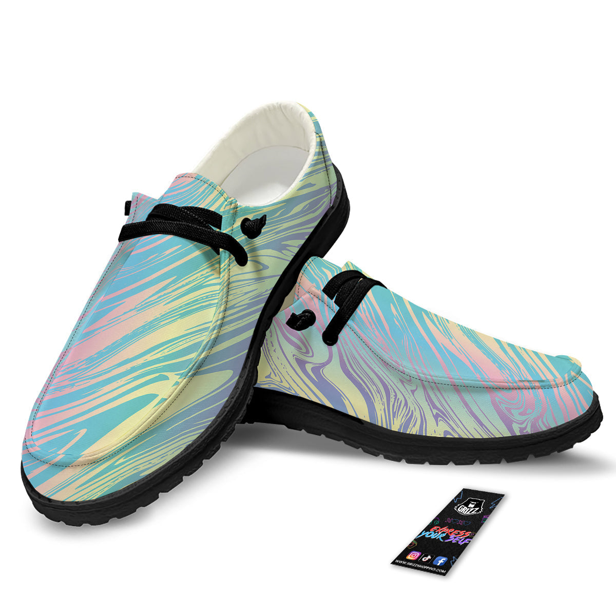 Pastel Liquid Marble Holographic Print Black Loafers-grizzshop