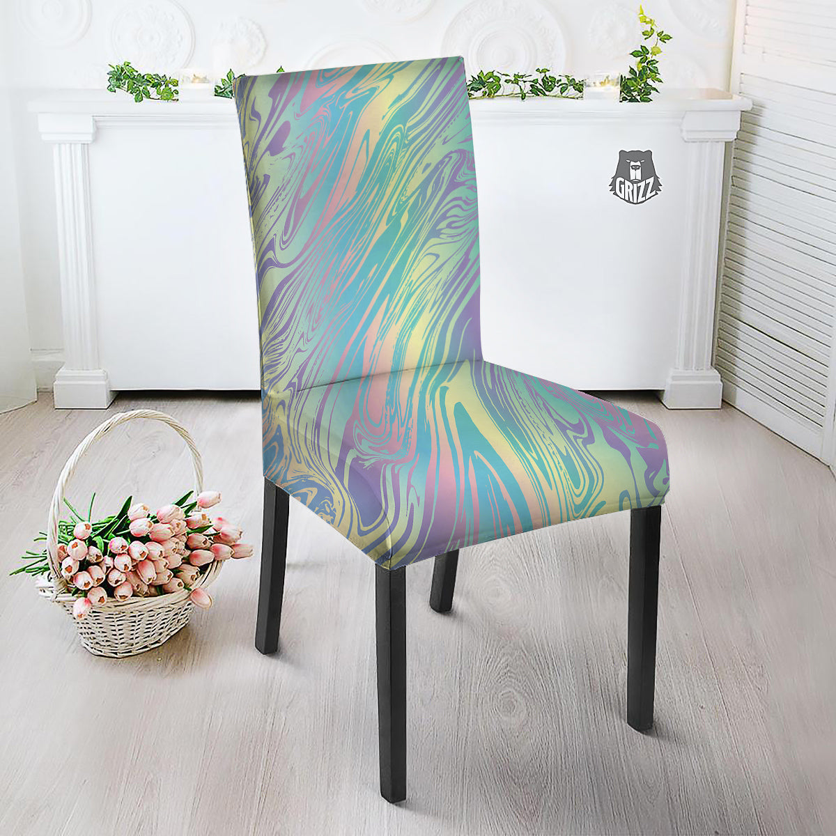 Pastel Liquid Marble Holographic Print Dining Chair Slipcover-grizzshop