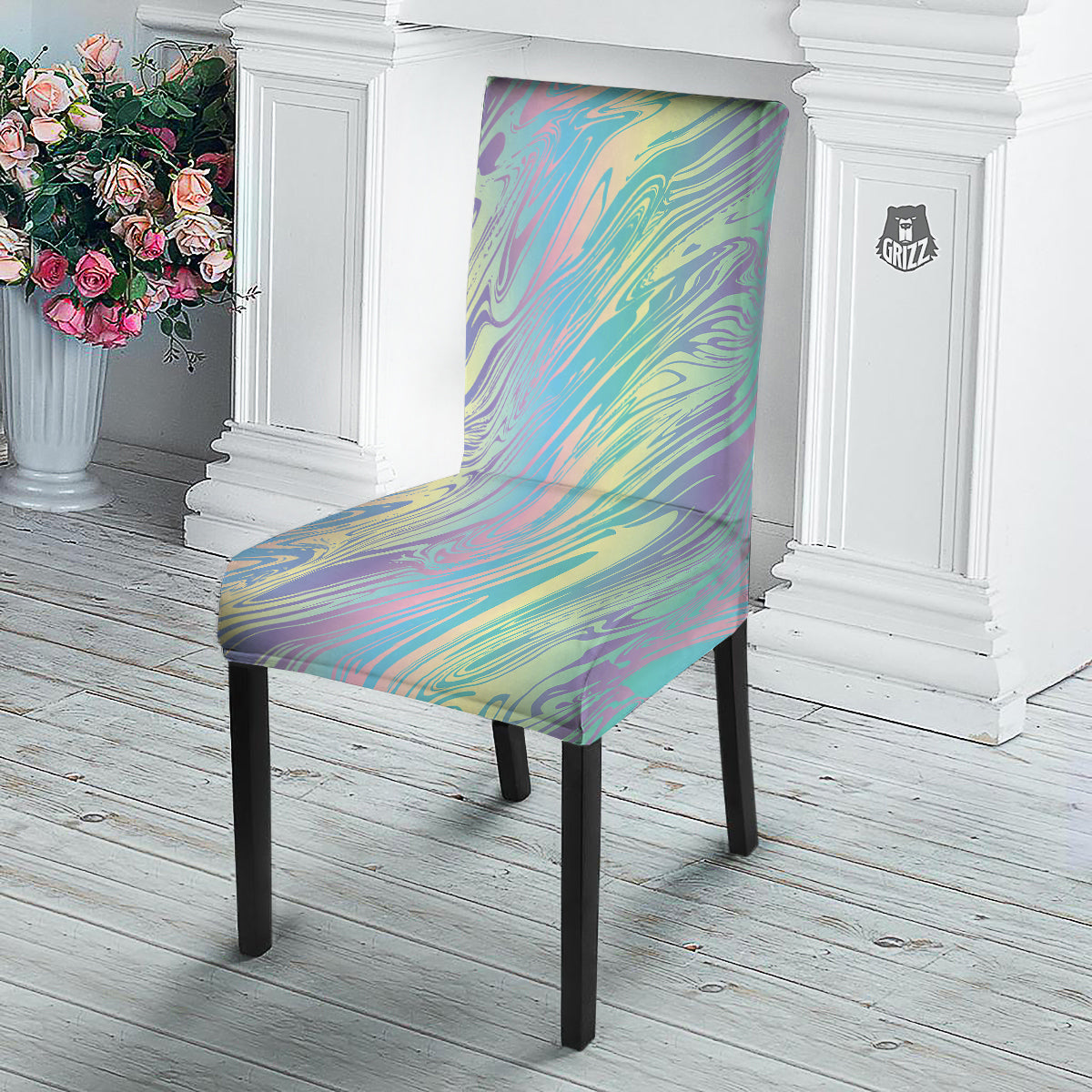 Pastel Liquid Marble Holographic Print Dining Chair Slipcover-grizzshop