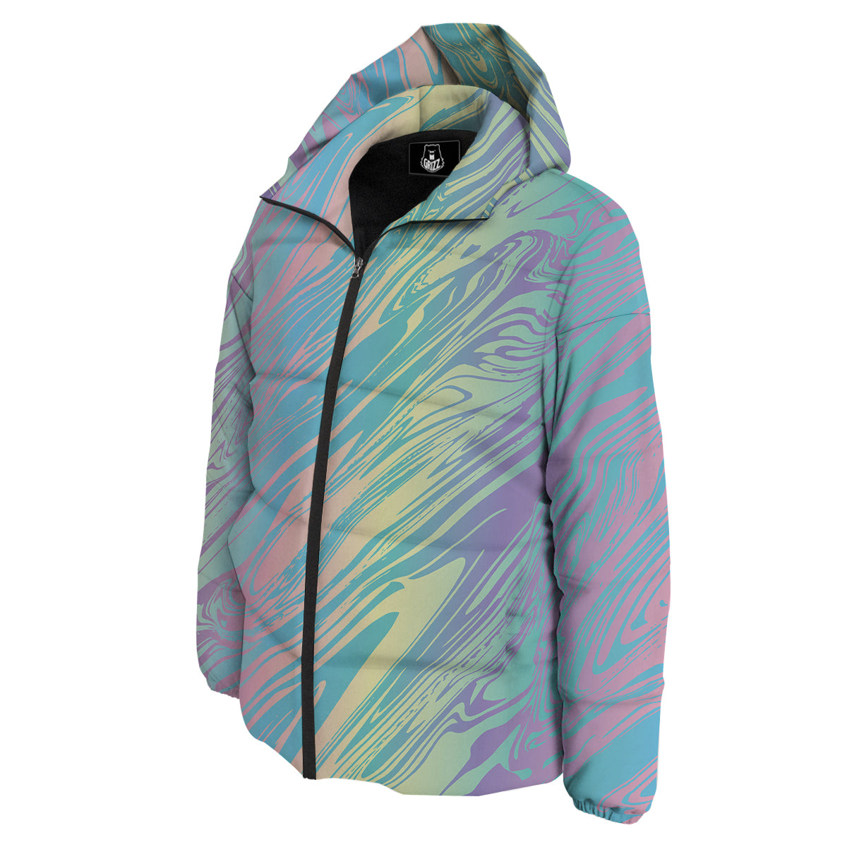 Pastel Liquid Marble Holographic Print Down Jacket-grizzshop