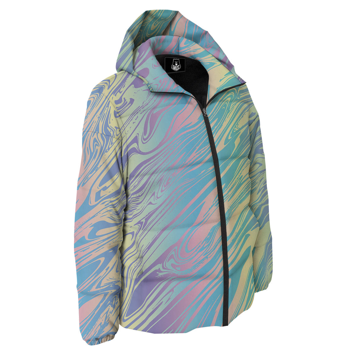 Pastel Liquid Marble Holographic Print Down Jacket-grizzshop
