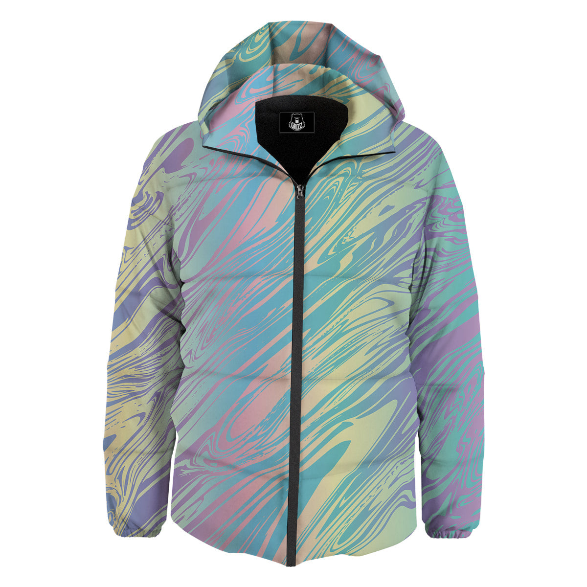 Pastel Liquid Marble Holographic Print Down Jacket-grizzshop