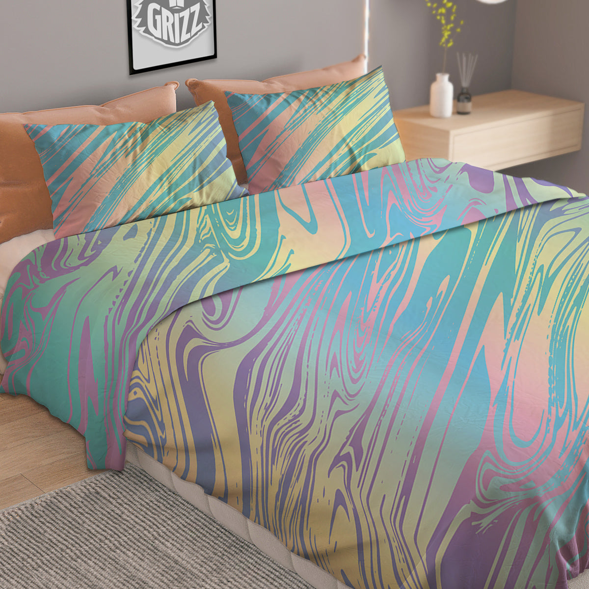 Pastel Liquid Marble Holographic Print Duvet Cover Bedding Set