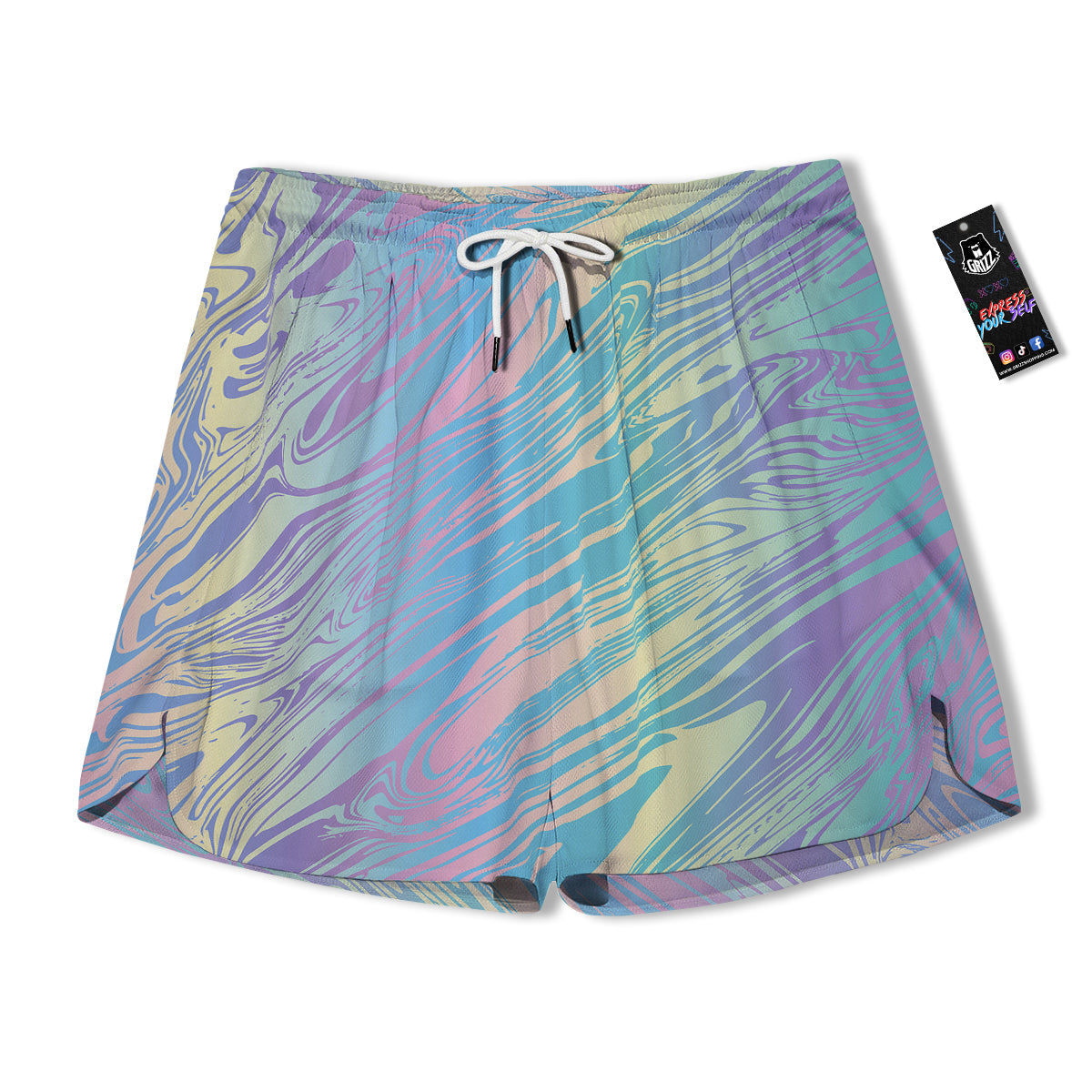 Pastel Liquid Marble Holographic Print Men's Running Shorts-grizzshop