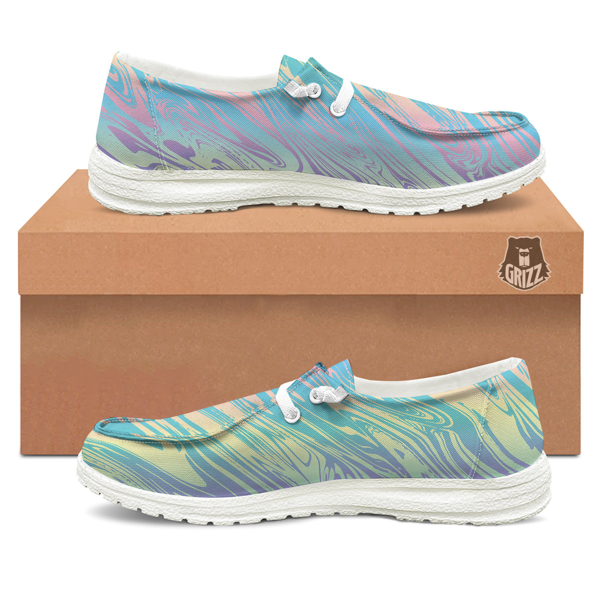 Pastel Liquid Marble Holographic Print White Loafers-grizzshop