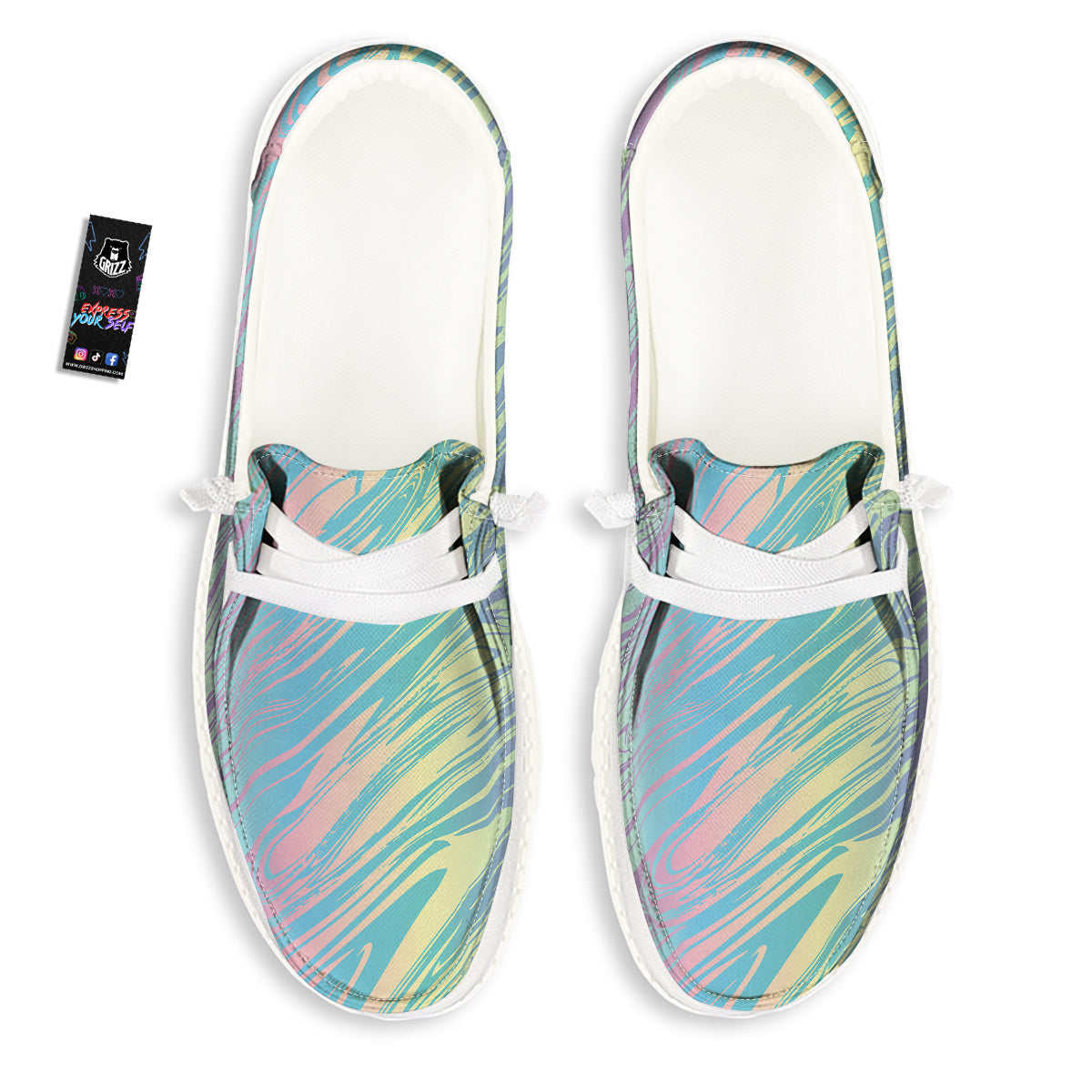 Pastel Liquid Marble Holographic Print White Loafers-grizzshop