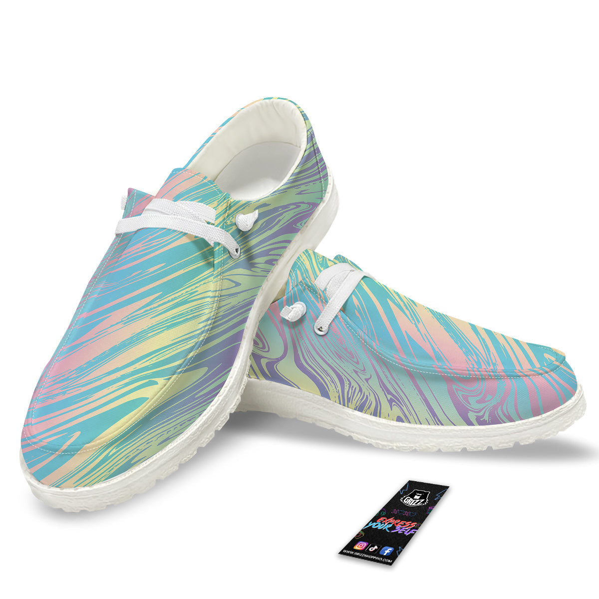 Pastel Liquid Marble Holographic Print White Loafers-grizzshop
