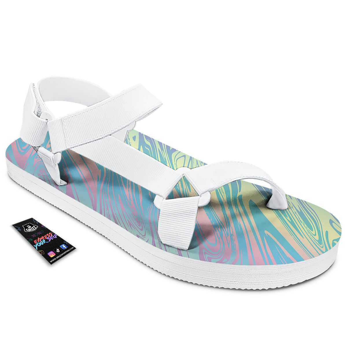 Pastel Liquid Marble Holographic Print White Open Toe Sandals-grizzshop