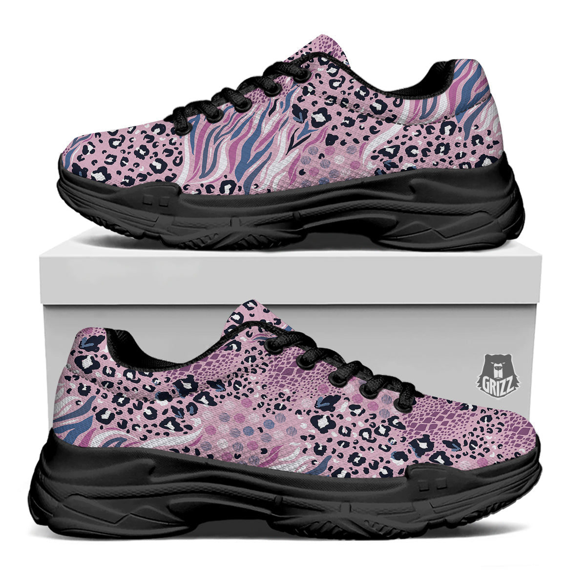 Pastel Mix Animal Skin Print Black Chunky Shoes-grizzshop