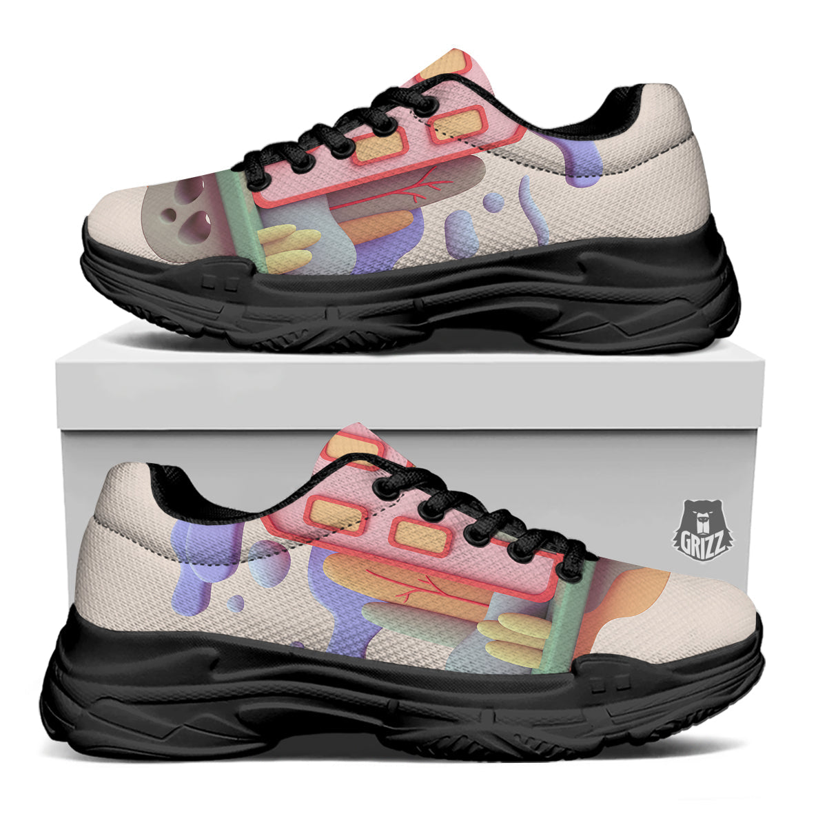 Pastel Modern House Print Black Chunky Shoes-grizzshop