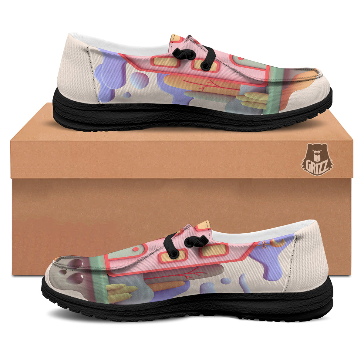 Pastel Modern House Print Black Loafers-grizzshop