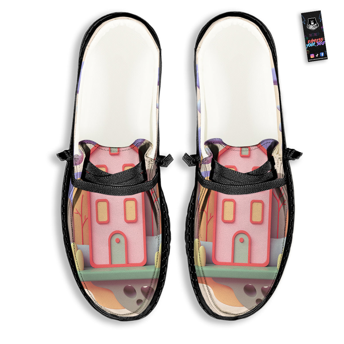 Pastel Modern House Print Black Loafers-grizzshop