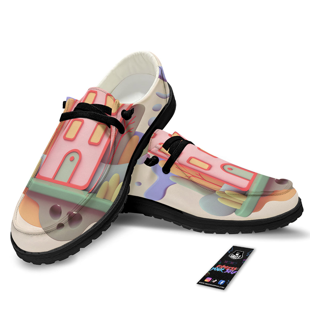 Pastel Modern House Print Black Loafers-grizzshop