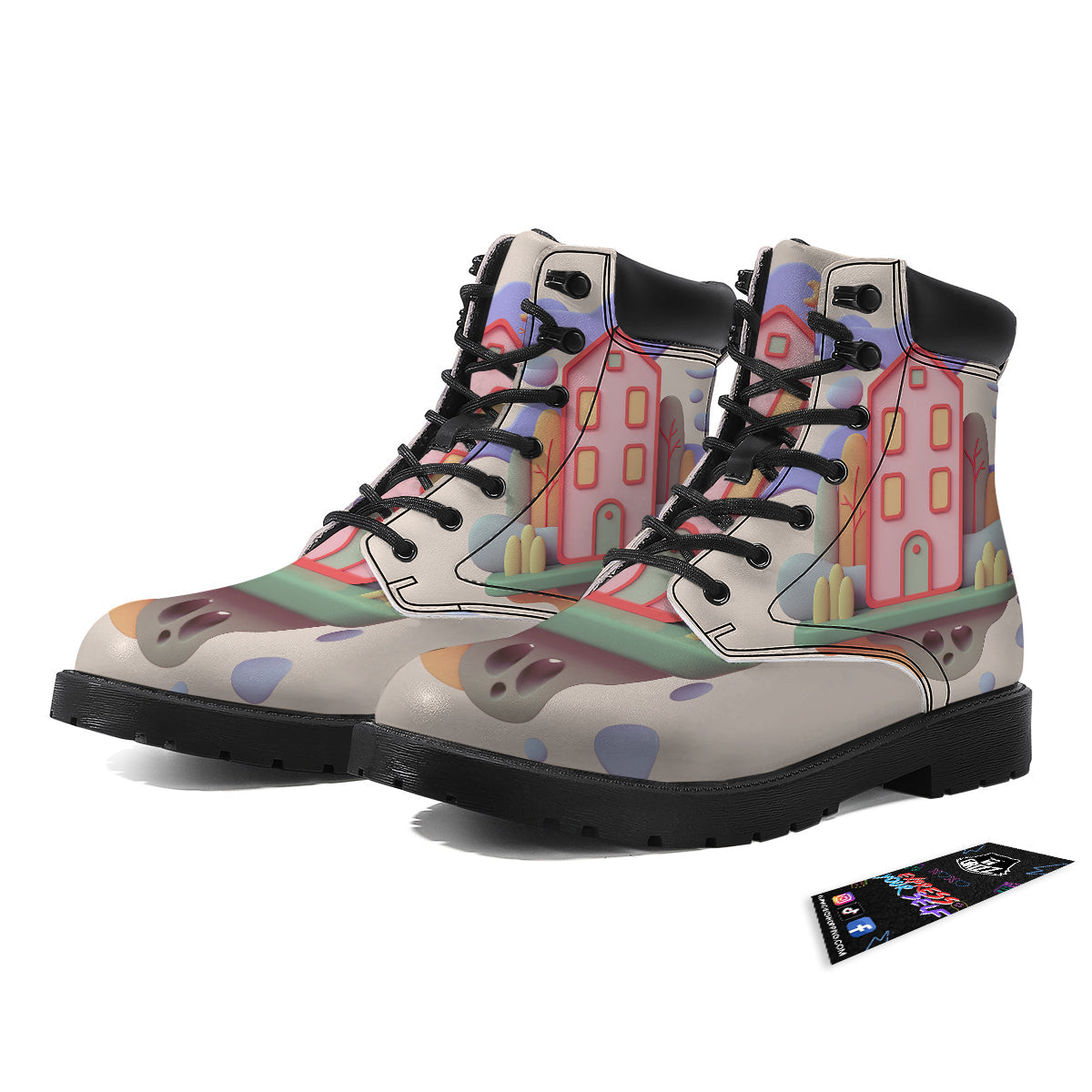 Pastel Modern House Print Boots-grizzshop