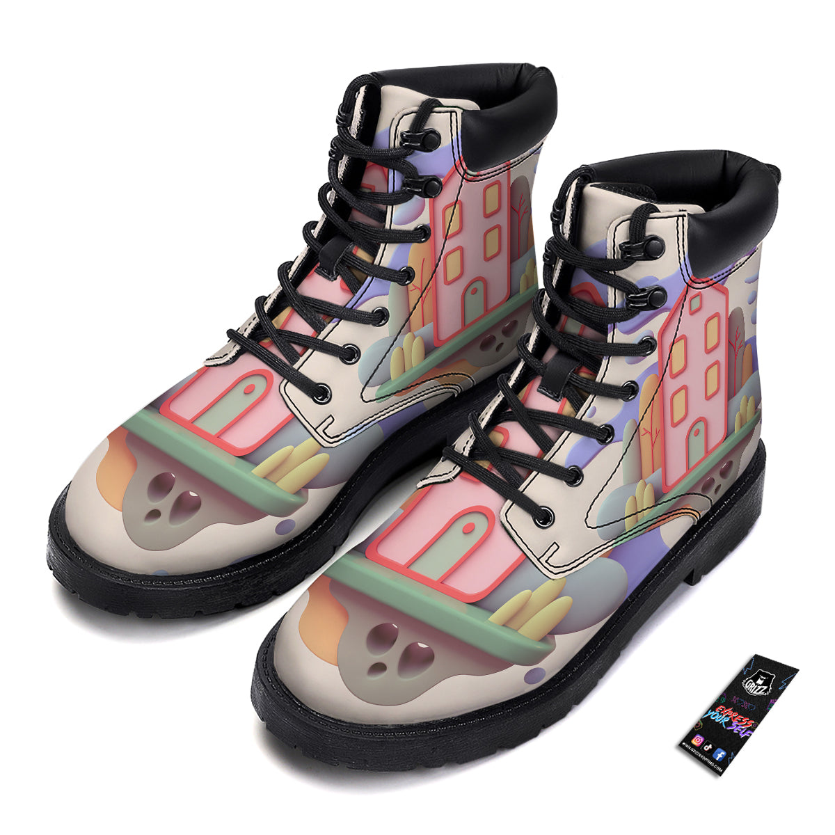Pastel Modern House Print Boots-grizzshop