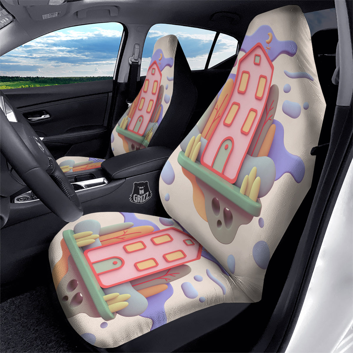 Pastel Modern House Print Car Seat Covers-grizzshop