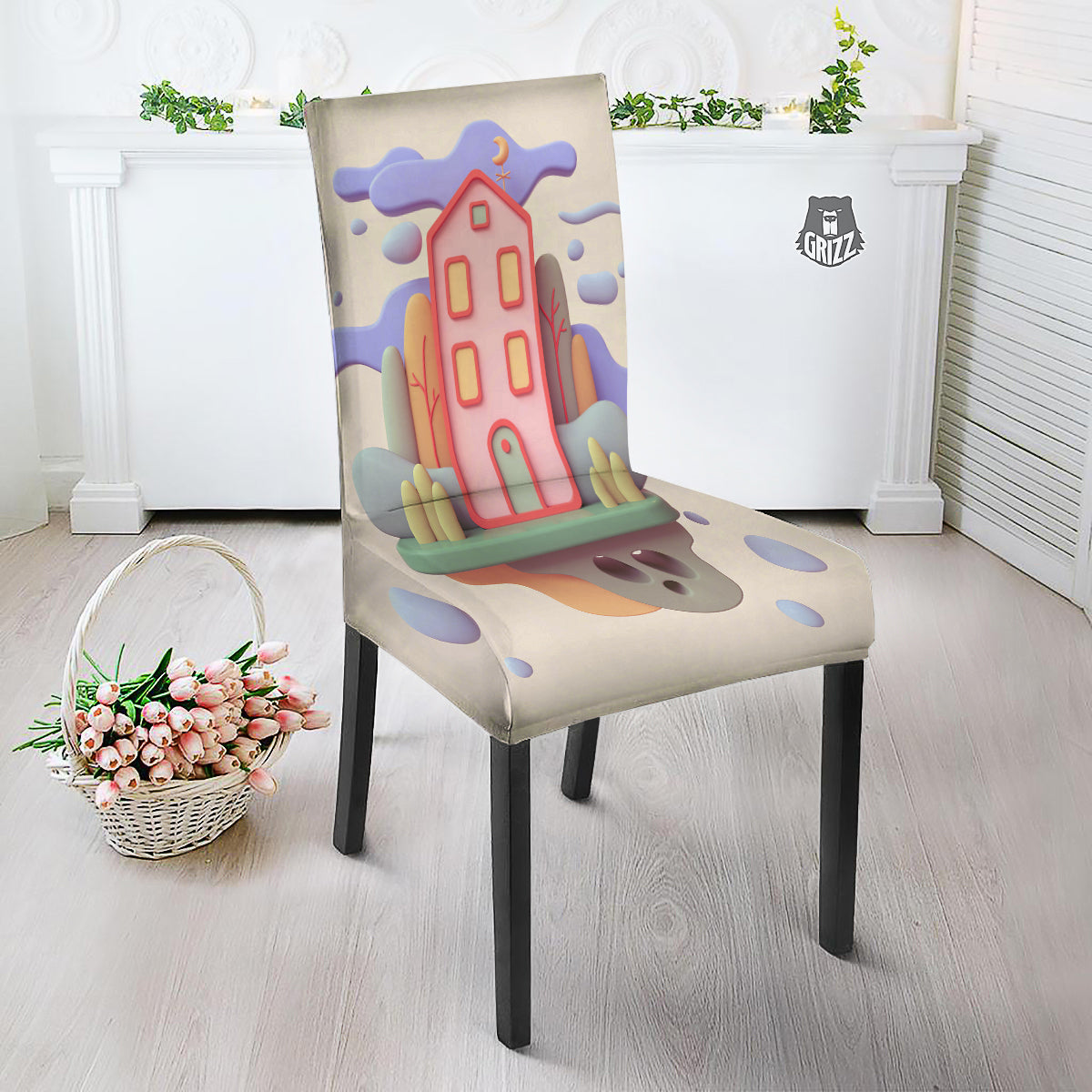 Pastel Modern House Print Dining Chair Slipcover-grizzshop