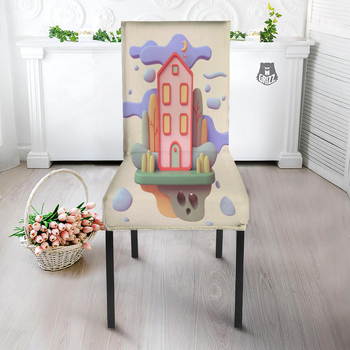 Pastel Modern House Print Dining Chair Slipcover-grizzshop