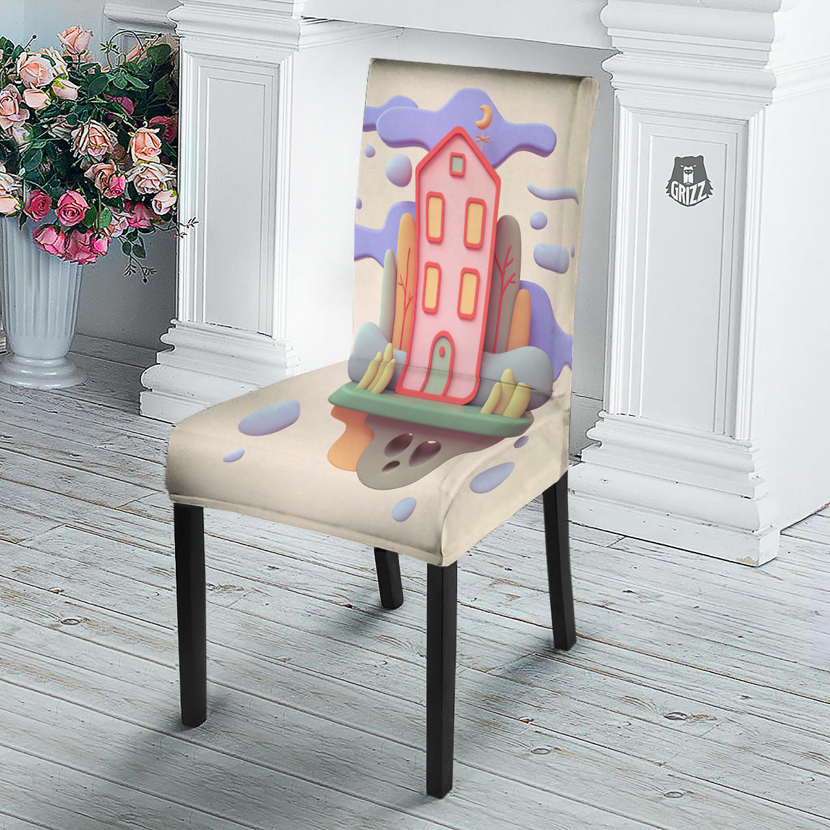 Pastel Modern House Print Dining Chair Slipcover-grizzshop