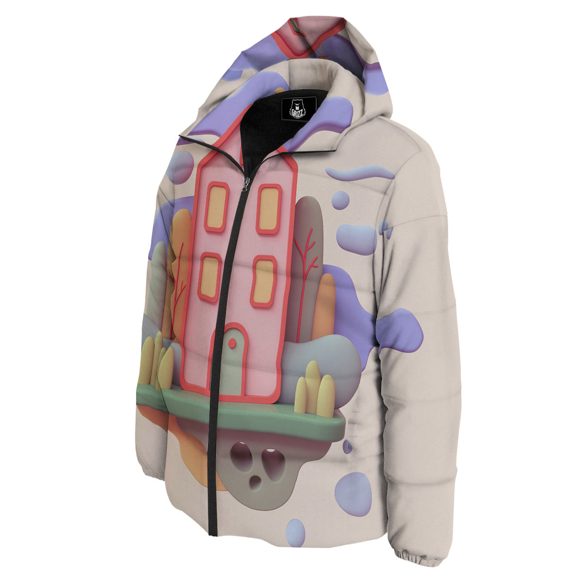 Pastel Modern House Print Down Jacket-grizzshop