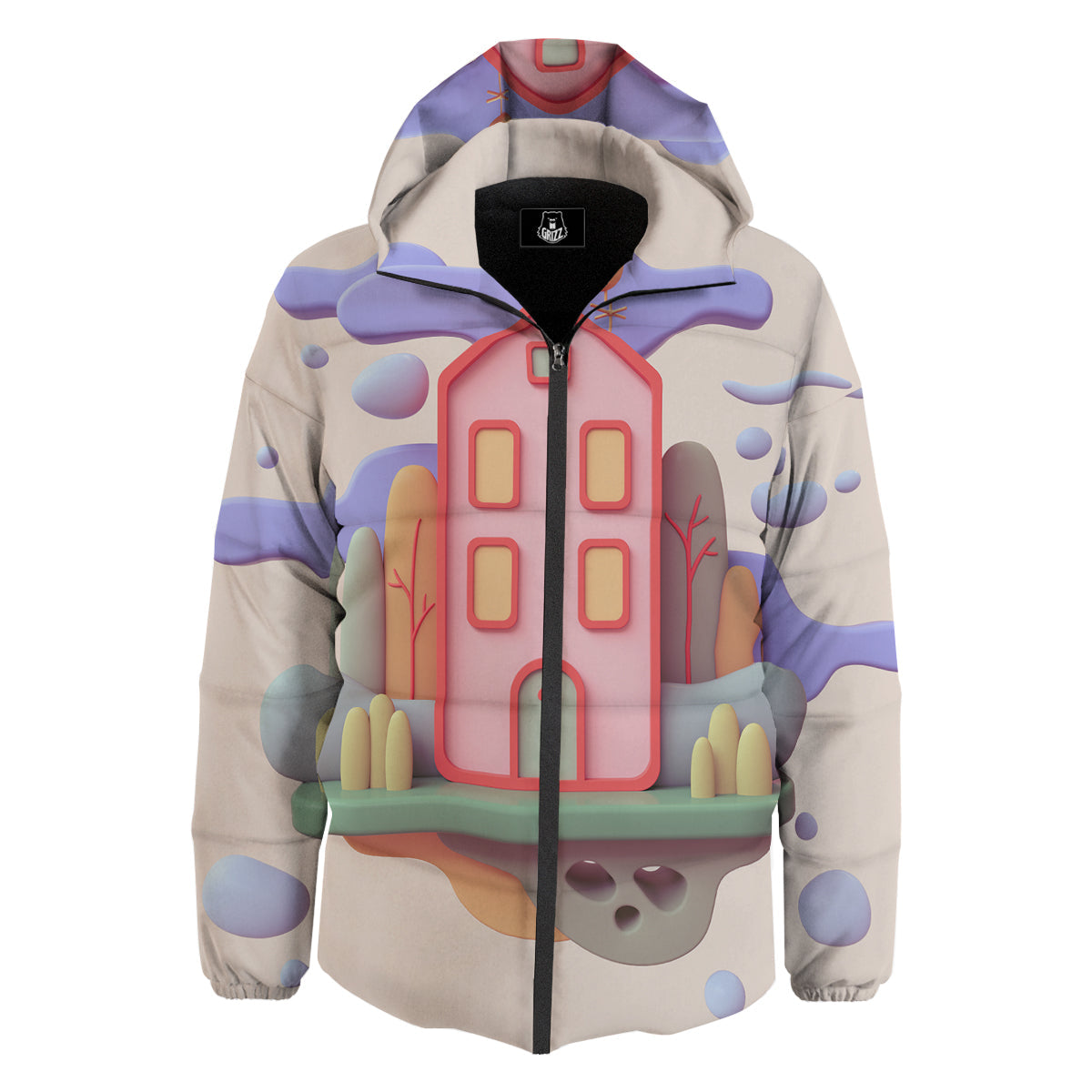 Pastel Modern House Print Down Jacket-grizzshop
