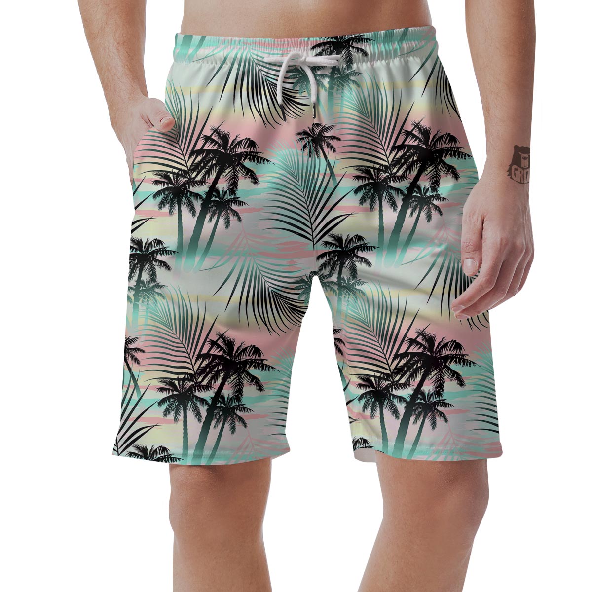 Pastel Palm Tree Hawaiian Print Men's Shorts-grizzshop