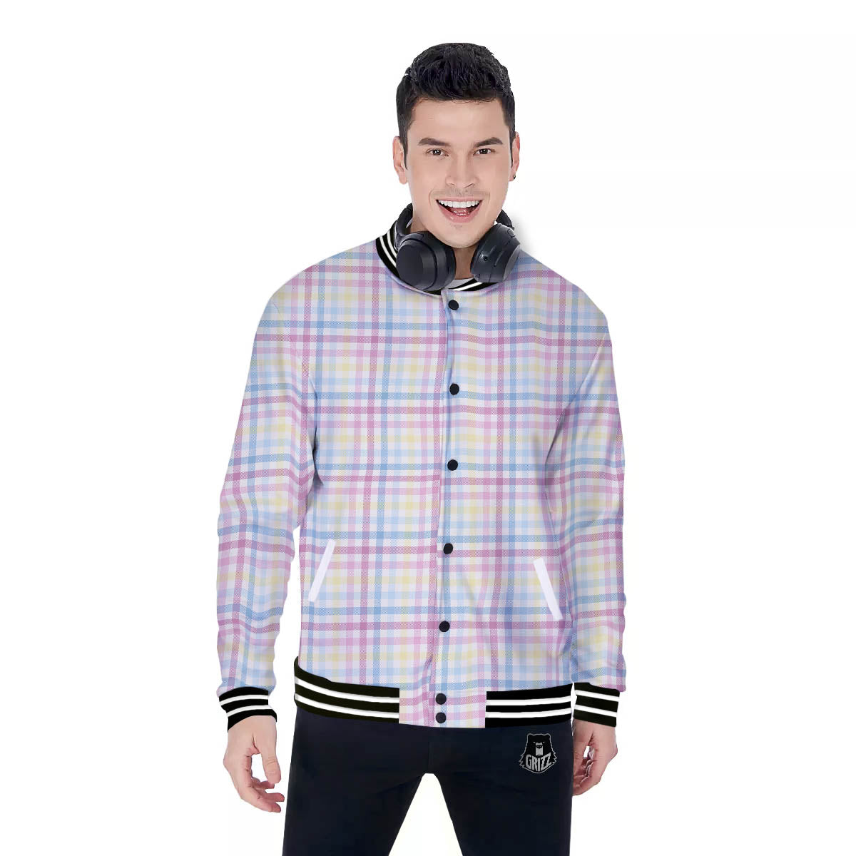 Pastel Plaid Cotton Candy Print Pattern Baseball Jacket-grizzshop