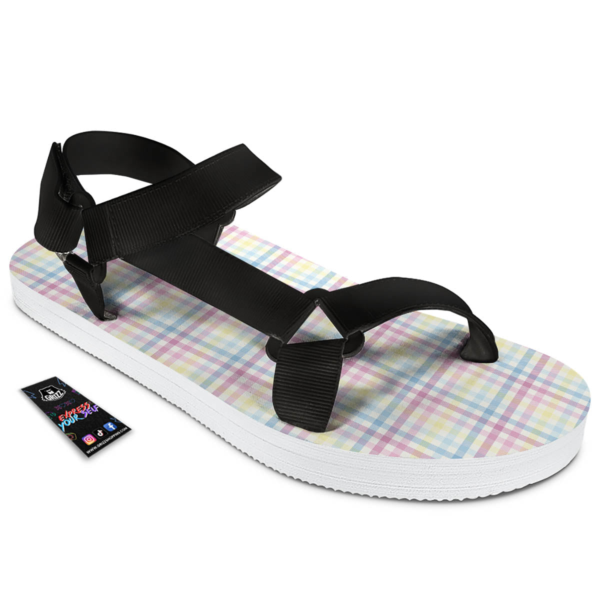 Pastel Plaid Cotton Candy Print Pattern Black Open Toe Sandals-grizzshop