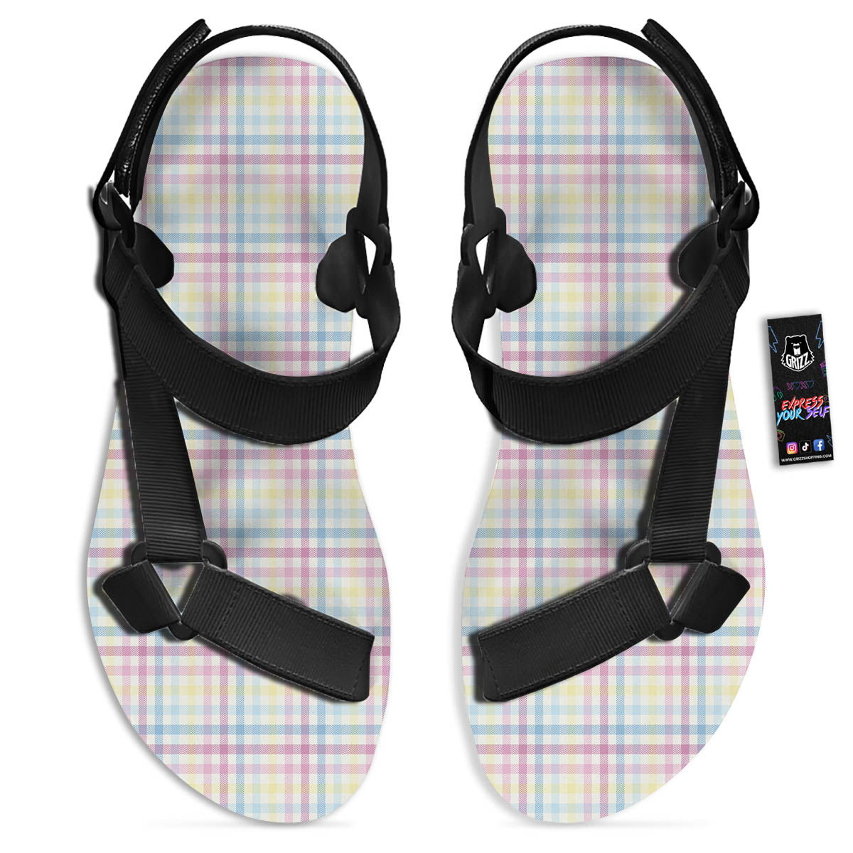 Pastel Plaid Cotton Candy Print Pattern Black Open Toe Sandals-grizzshop