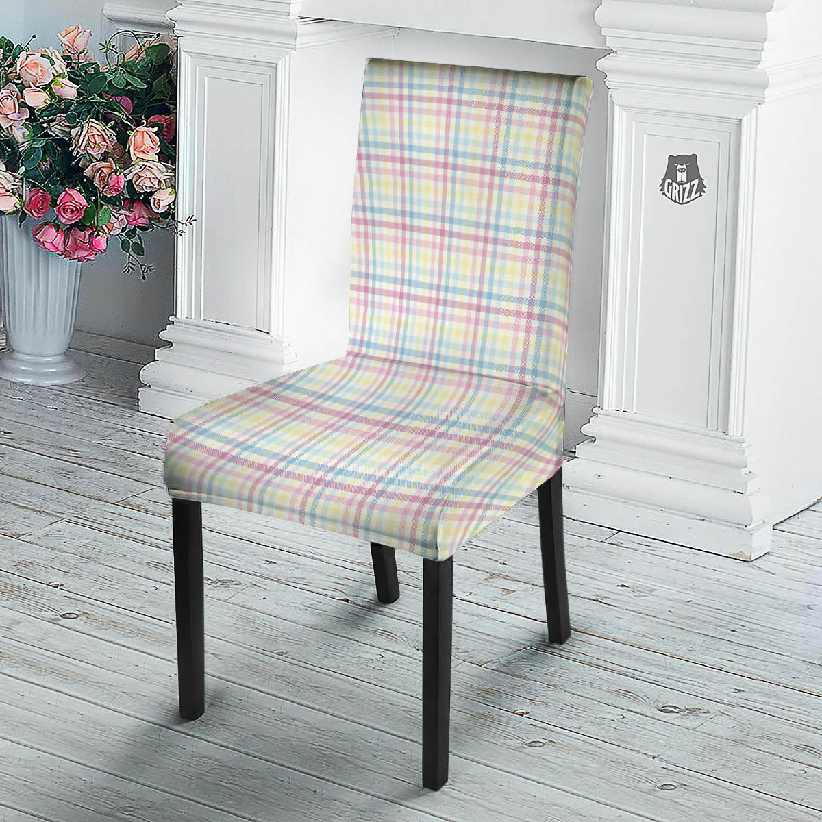 Pastel Plaid Cotton Candy Print Pattern Dining Chair Slipcover-grizzshop