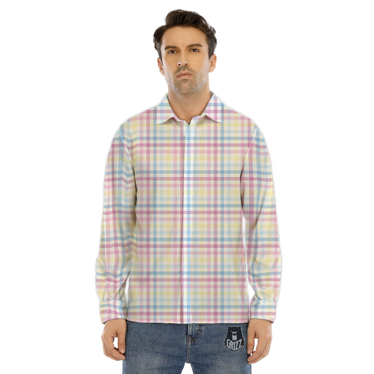 Pastel Plaid Cotton Candy Print Pattern Men's Dress Shirts-grizzshop